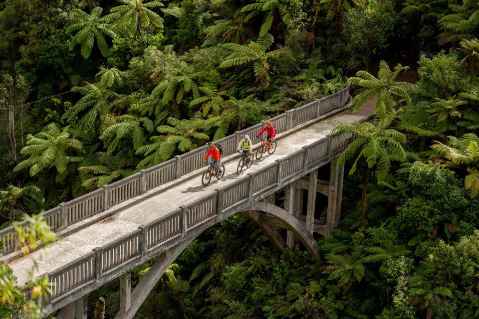Mountains to Sea cyclists on Bridge to Nowhere Martyn Davies